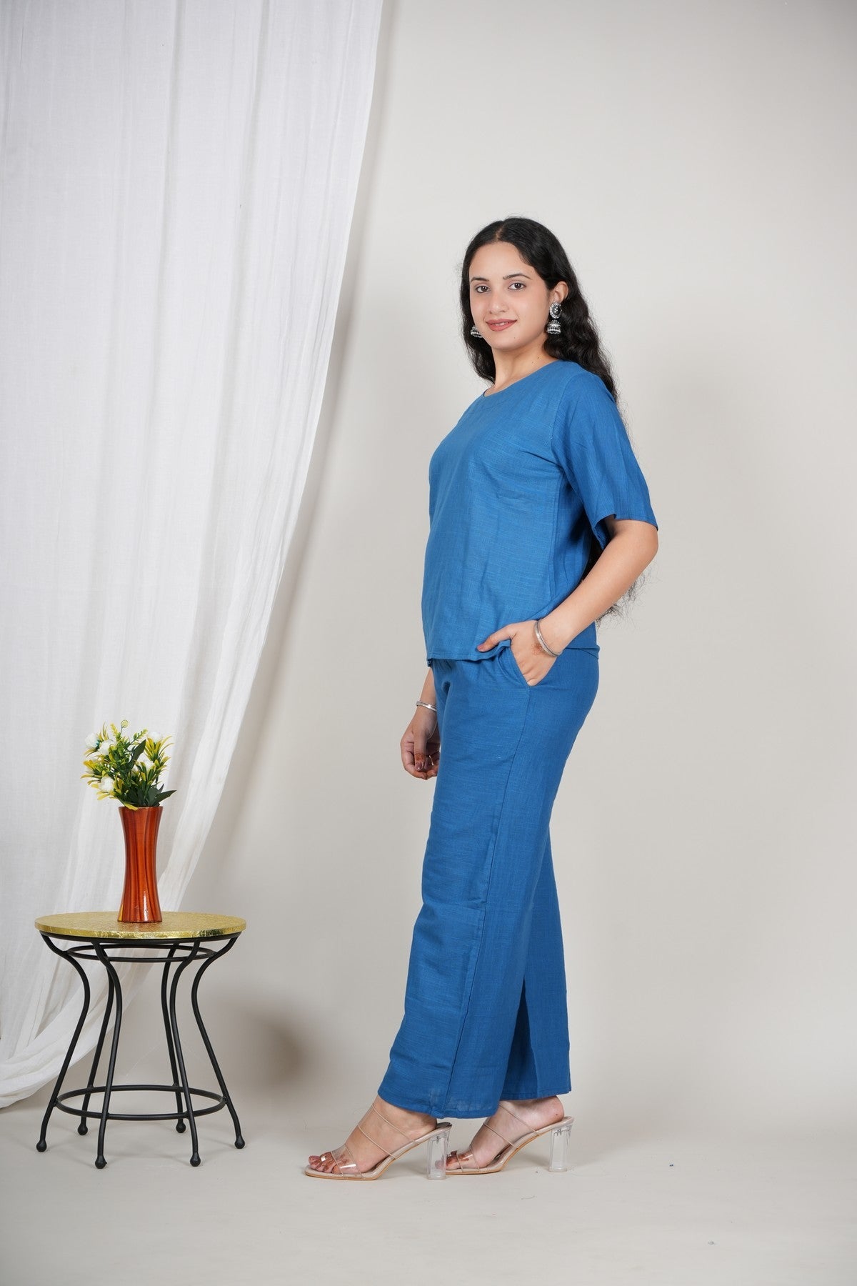Women’s Solid Blue Cotton Co-ord Set | Comfortable Top & Wide-Leg Pant Set | Daily Wear Casual Two-Piece Outfit Akrish