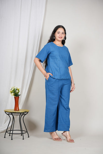 Women’s Solid Blue Cotton Co-ord Set | Comfortable Top & Wide-Leg Pant Set | Daily Wear Casual Two-Piece Outfit Akrish