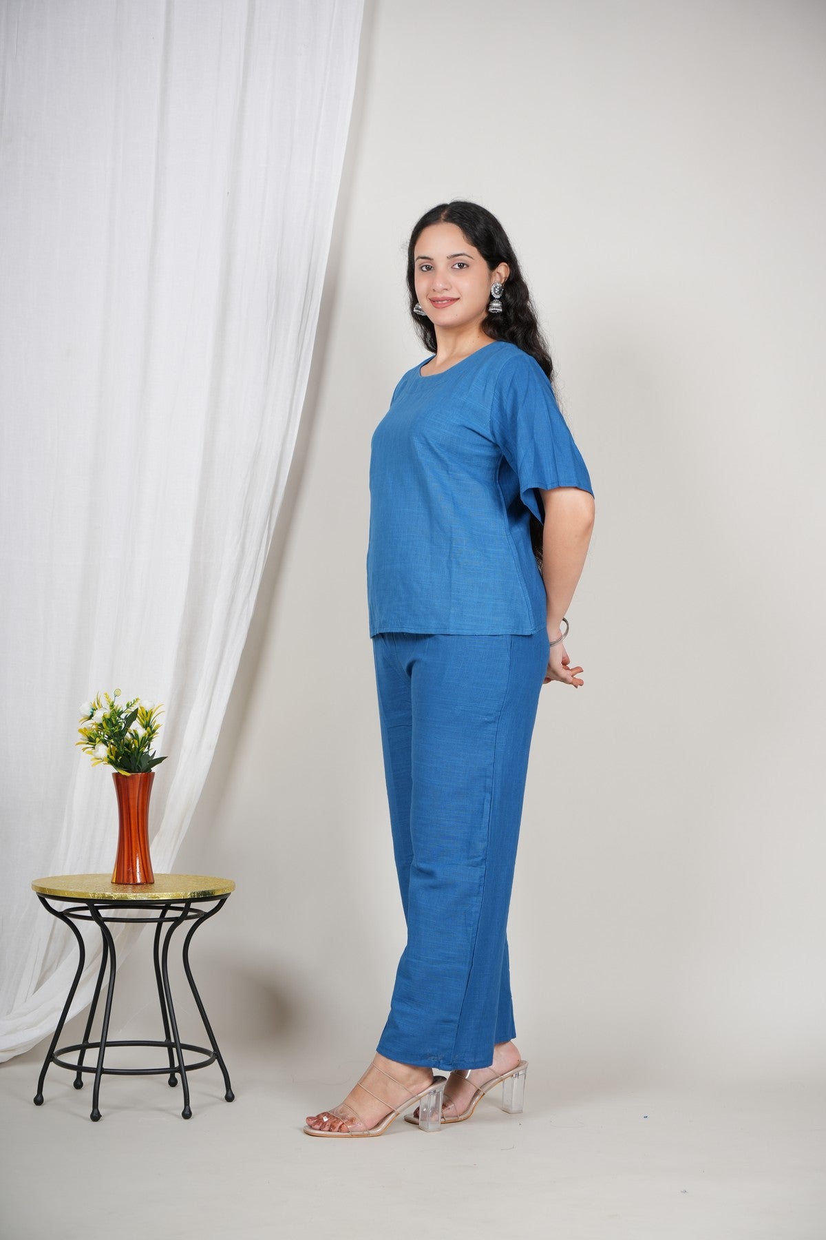 Women’s Solid Blue Cotton Co-ord Set | Comfortable Top & Wide-Leg Pant Set | Daily Wear Casual Two-Piece Outfit Akrish