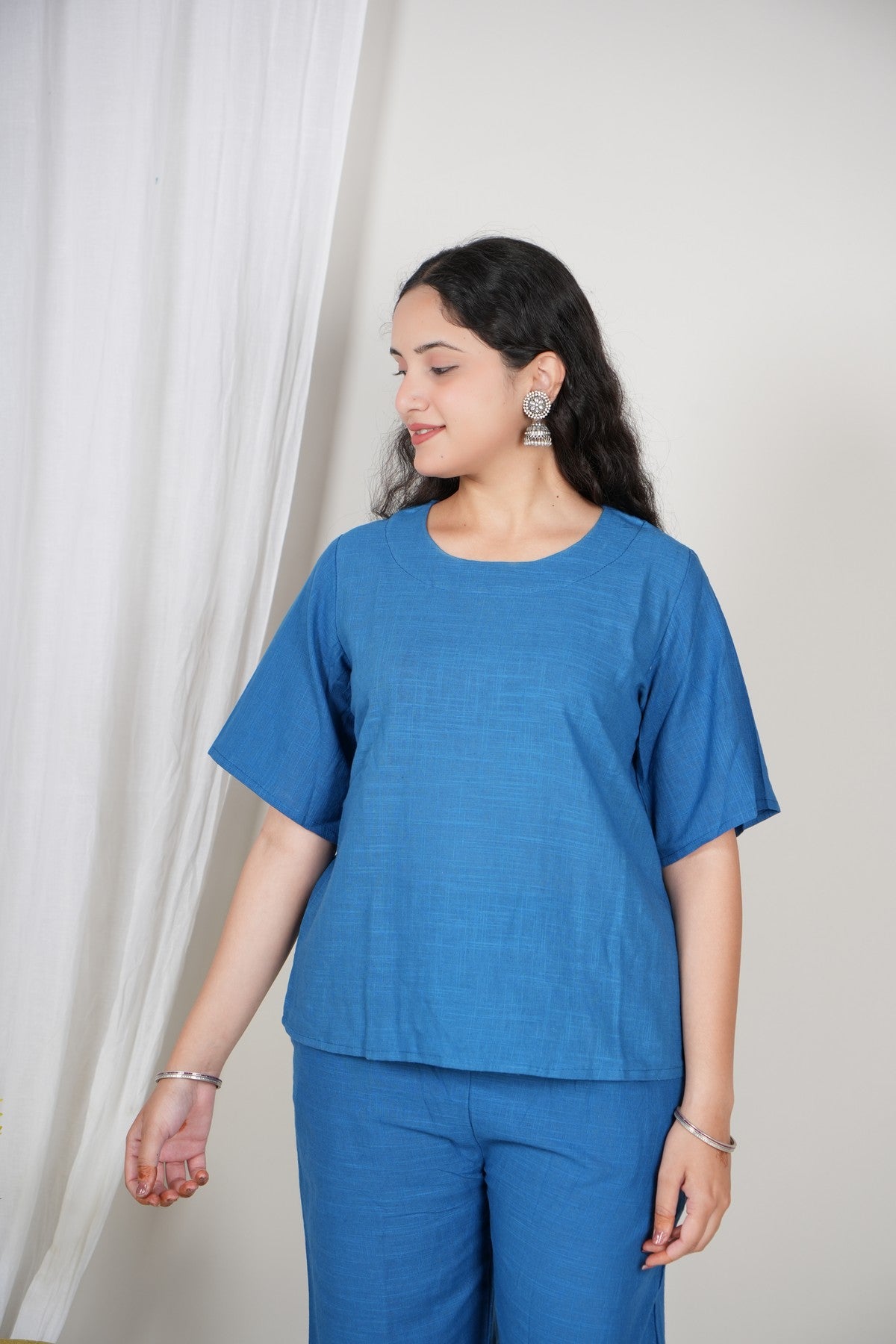 Women’s Solid Blue Cotton Co-ord Set | Comfortable Top & Wide-Leg Pant Set | Daily Wear Casual Two-Piece Outfit Akrish