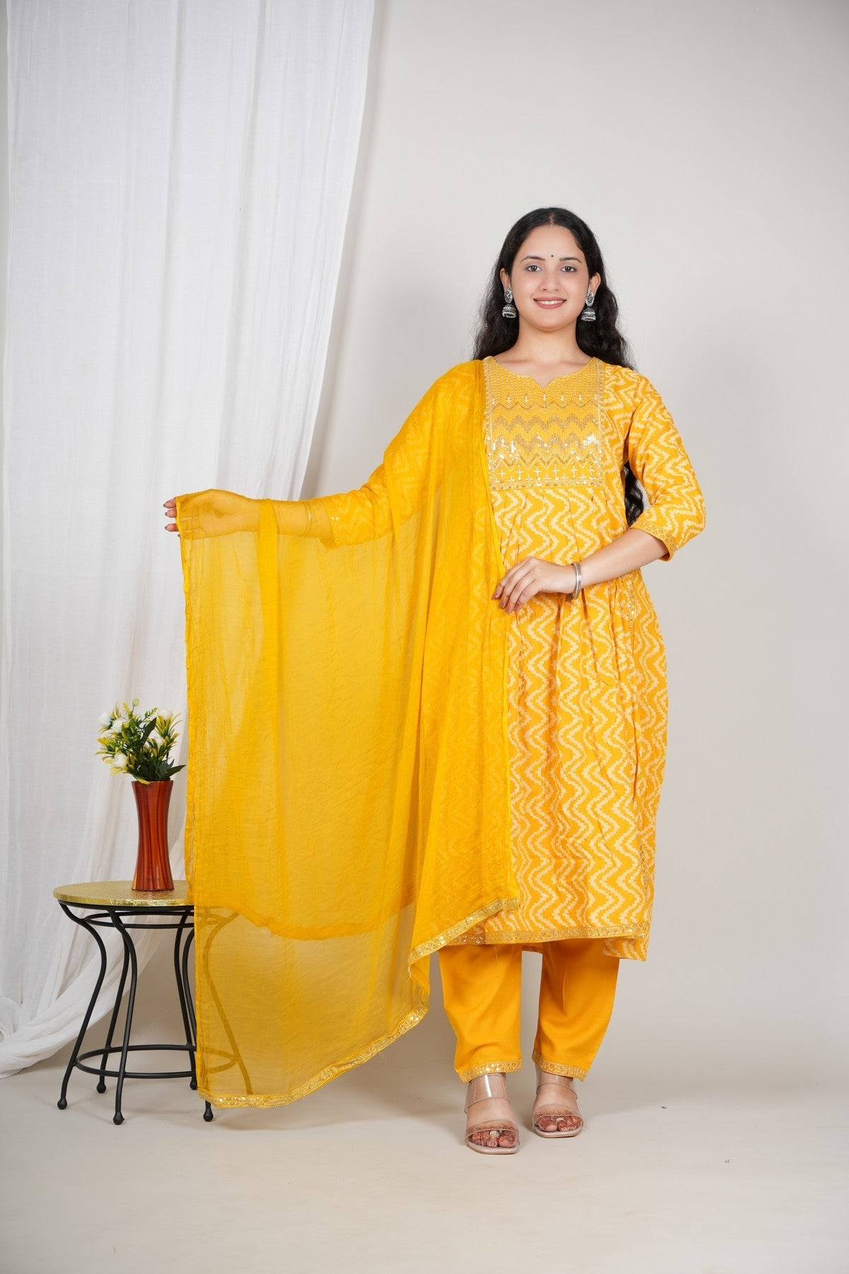 Women’s Yellow Printed Kurta Pant Dupatta Set | Mirror Work Yoke | Cotton Ethnic Suit Set | Festive & Daily Wear Akrish