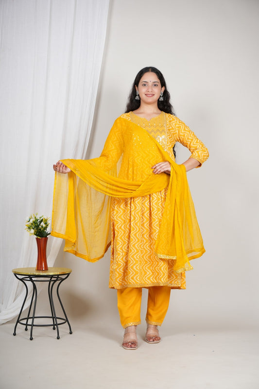 Women’s Yellow Printed Kurta Pant Dupatta Set | Mirror Work Yoke | Cotton Ethnic Suit Set | Festive & Daily Wear Akrish