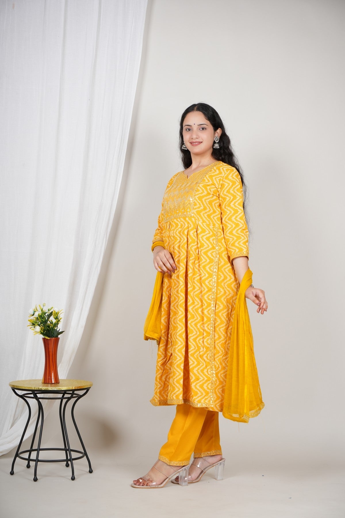 Women’s Yellow Printed Kurta Pant Dupatta Set | Mirror Work Yoke | Cotton Ethnic Suit Set | Festive & Daily Wear Akrish