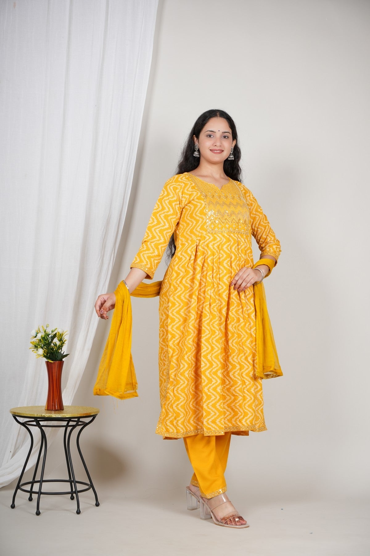 Women’s Yellow Printed Kurta Pant Dupatta Set | Mirror Work Yoke | Cotton Ethnic Suit Set | Festive & Daily Wear Akrish