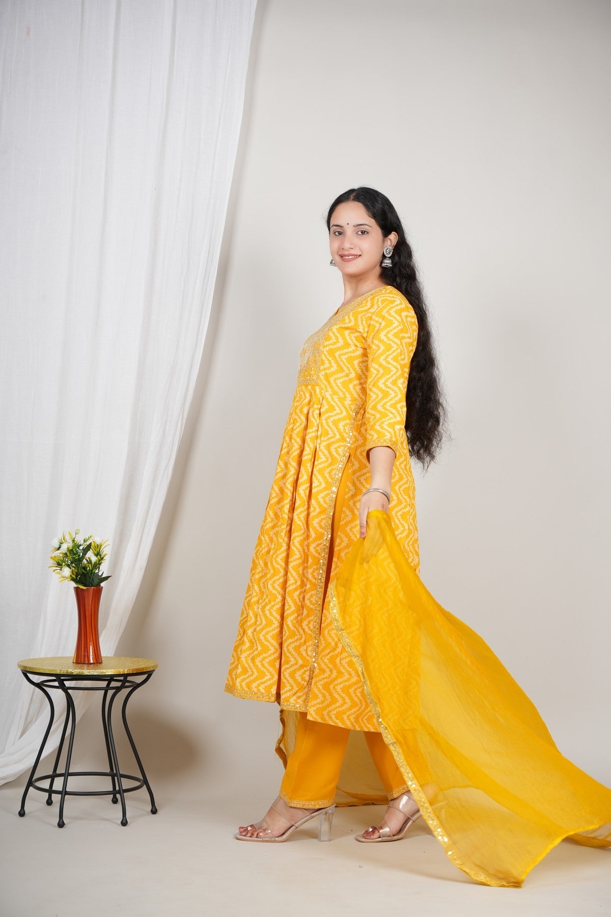 Women’s Yellow Printed Kurta Pant Dupatta Set | Mirror Work Yoke | Cotton Ethnic Suit Set | Festive & Daily Wear Akrish