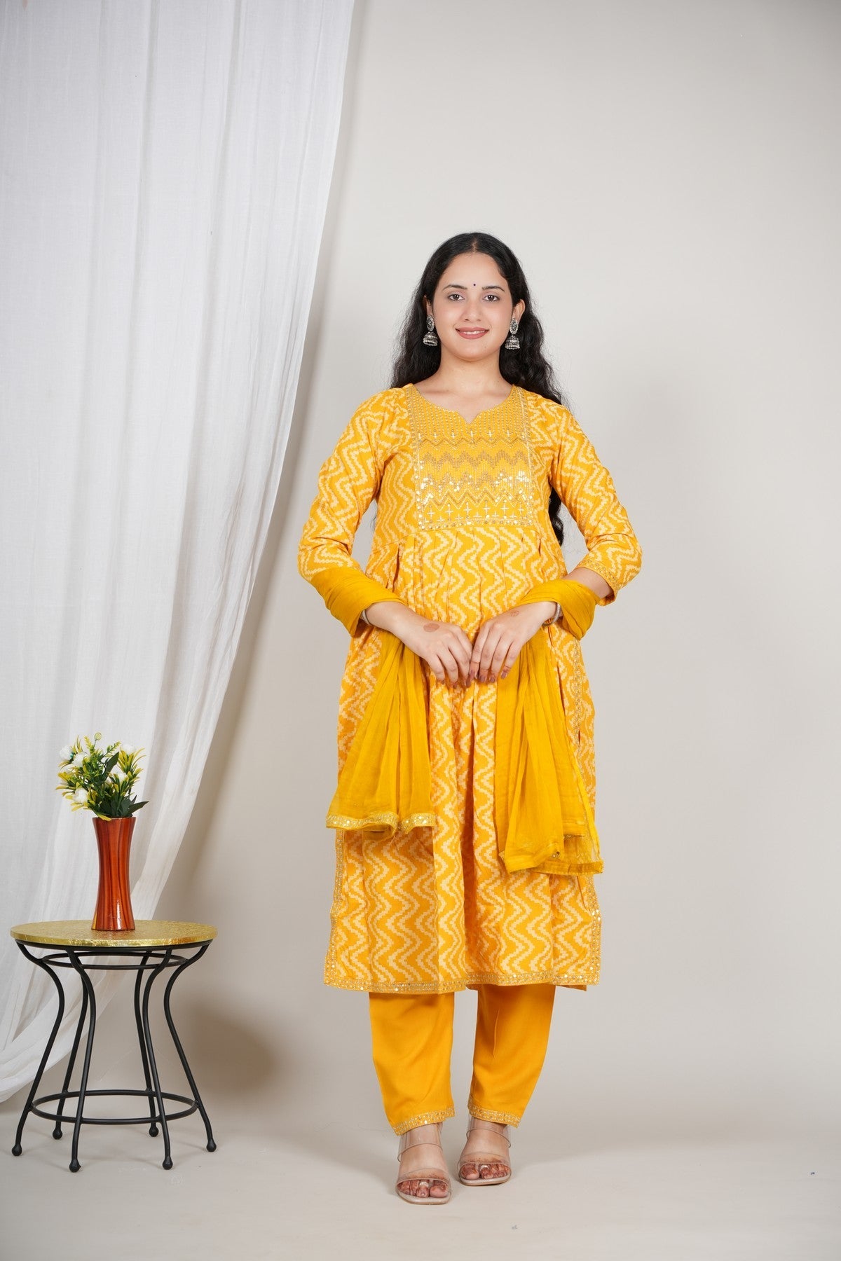 Women’s Yellow Printed Kurta Pant Dupatta Set | Mirror Work Yoke | Cotton Ethnic Suit Set | Festive & Daily Wear Akrish