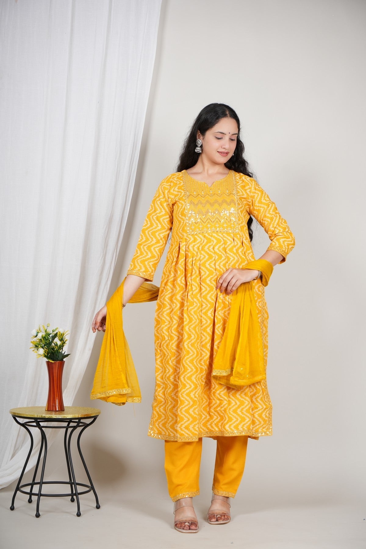 Women’s Yellow Printed Kurta Pant Dupatta Set | Mirror Work Yoke | Cotton Ethnic Suit Set | Festive & Daily Wear Akrish
