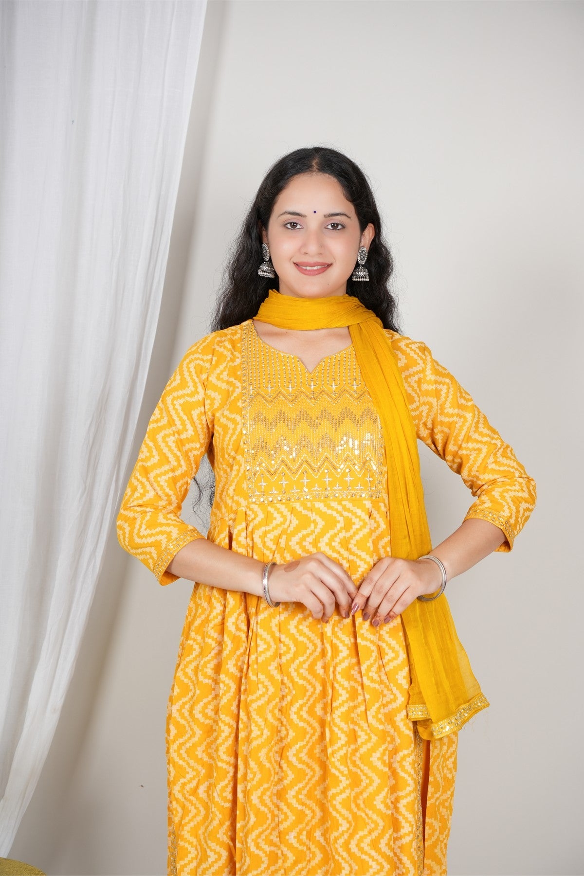 Women’s Yellow Printed Kurta Pant Dupatta Set | Mirror Work Yoke | Cotton Ethnic Suit Set | Festive & Daily Wear Akrish