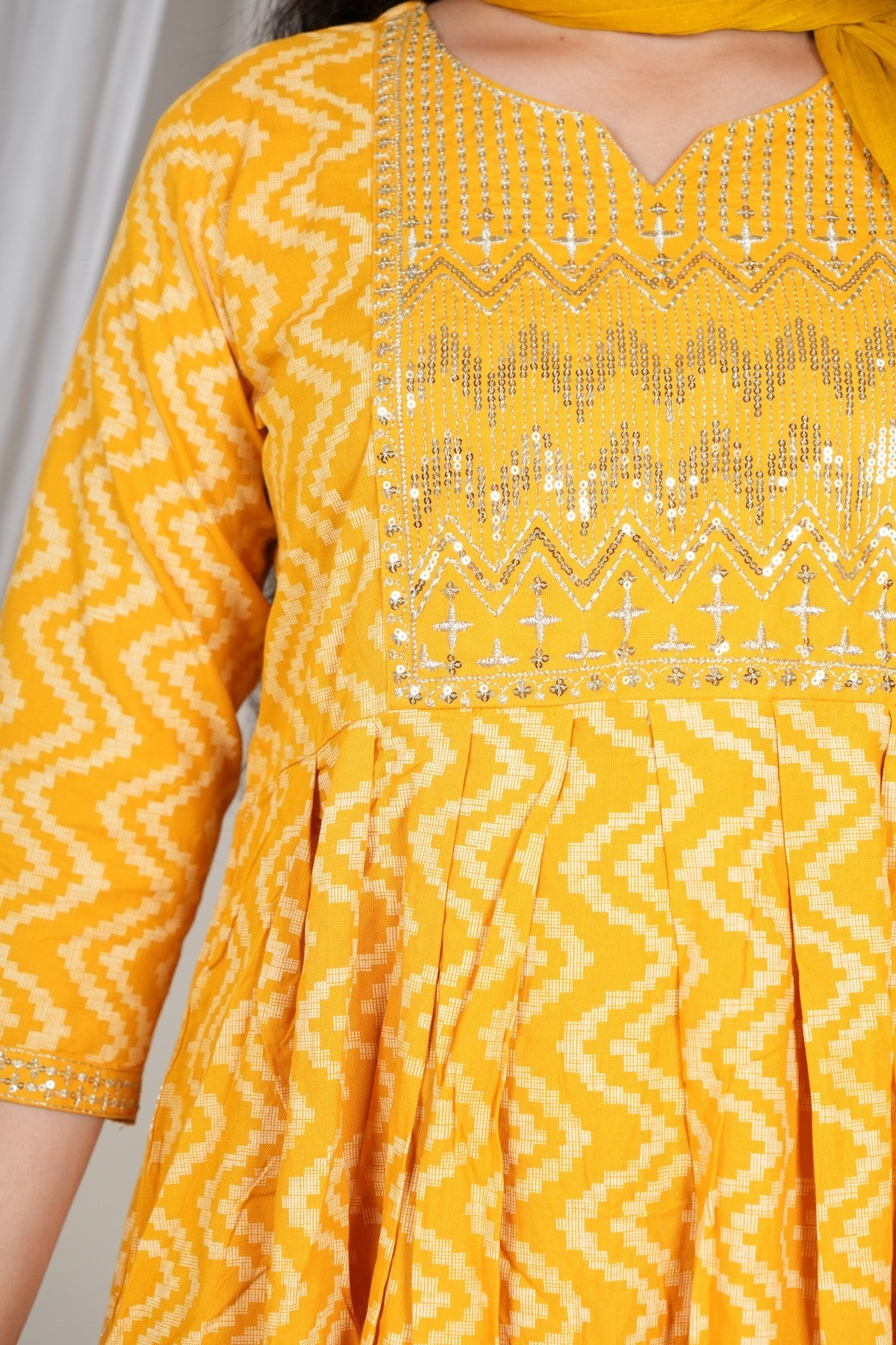 Women’s Yellow Printed Kurta Pant Dupatta Set | Mirror Work Yoke | Cotton Ethnic Suit Set | Festive & Daily Wear Akrish