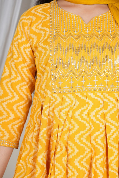 Women’s Yellow Printed Kurta Pant Dupatta Set | Mirror Work Yoke | Cotton Ethnic Suit Set | Festive & Daily Wear Akrish