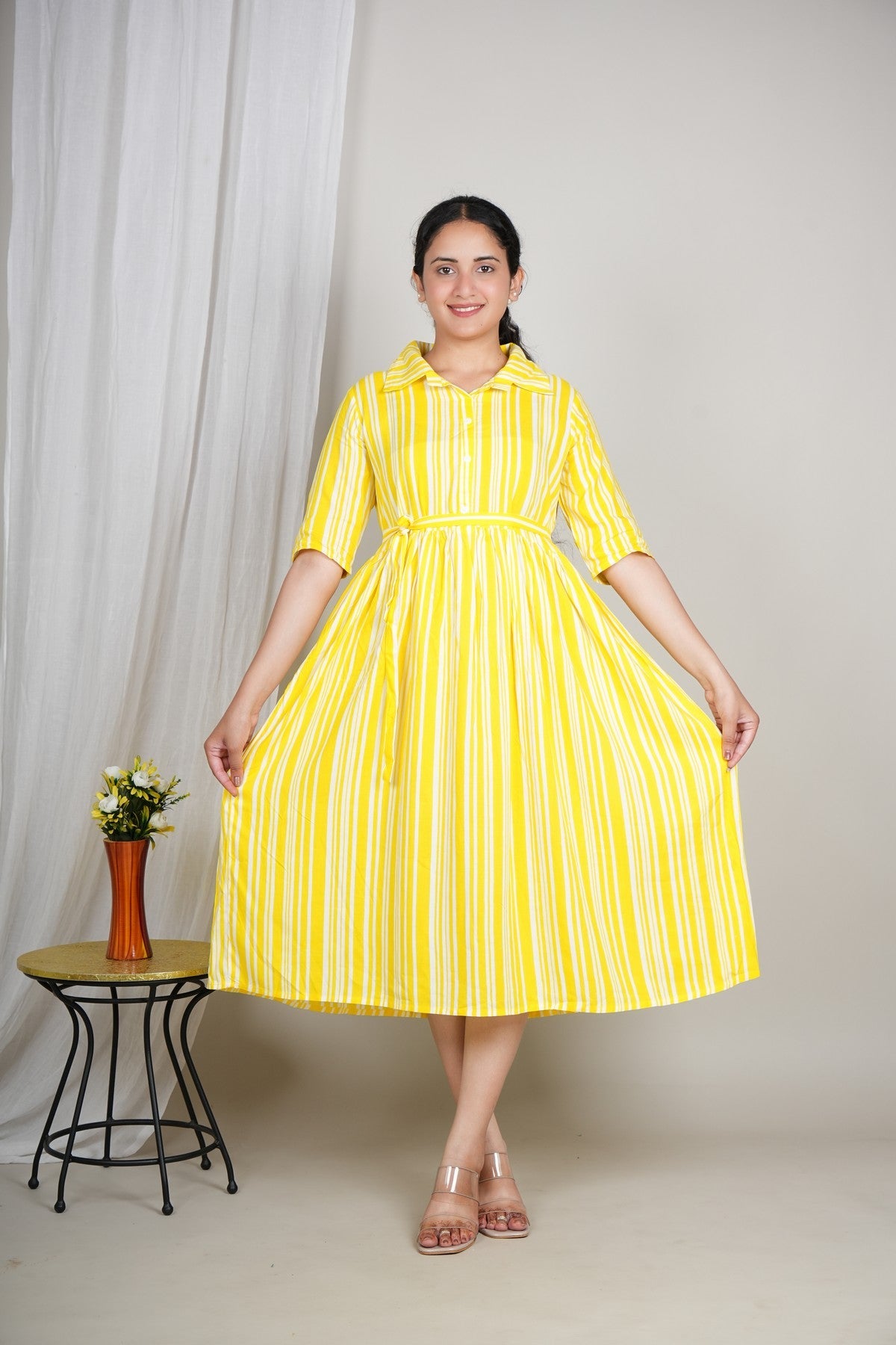 Women’s Yellow Striped Shirt Dress | Midi Flared Dress with Belt | Casual Summer Cotton Dress Akrish