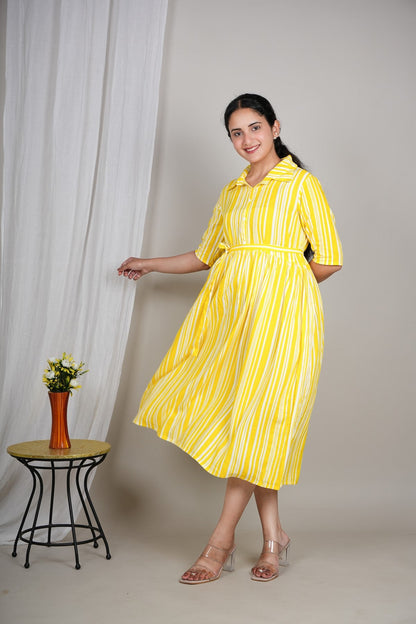 Women’s Yellow Striped Shirt Dress | Midi Flared Dress with Belt | Casual Summer Cotton Dress Akrish