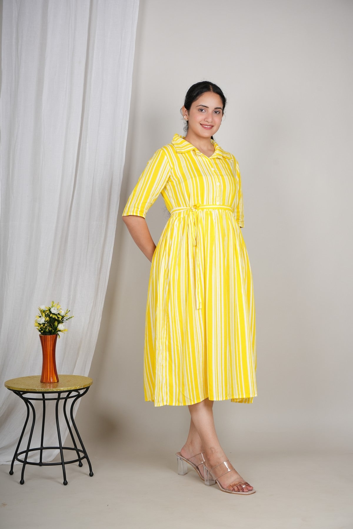 Women’s Yellow Striped Shirt Dress | Midi Flared Dress with Belt | Casual Summer Cotton Dress Akrish