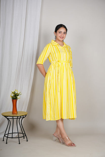 Women’s Yellow Striped Shirt Dress | Midi Flared Dress with Belt | Casual Summer Cotton Dress Akrish
