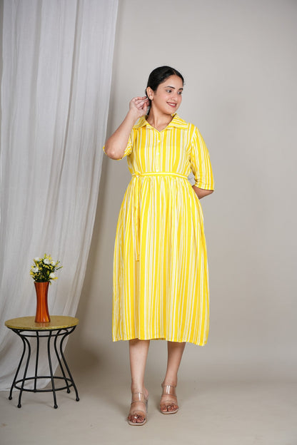 Women’s Yellow Striped Shirt Dress | Midi Flared Dress with Belt | Casual Summer Cotton Dress Akrish