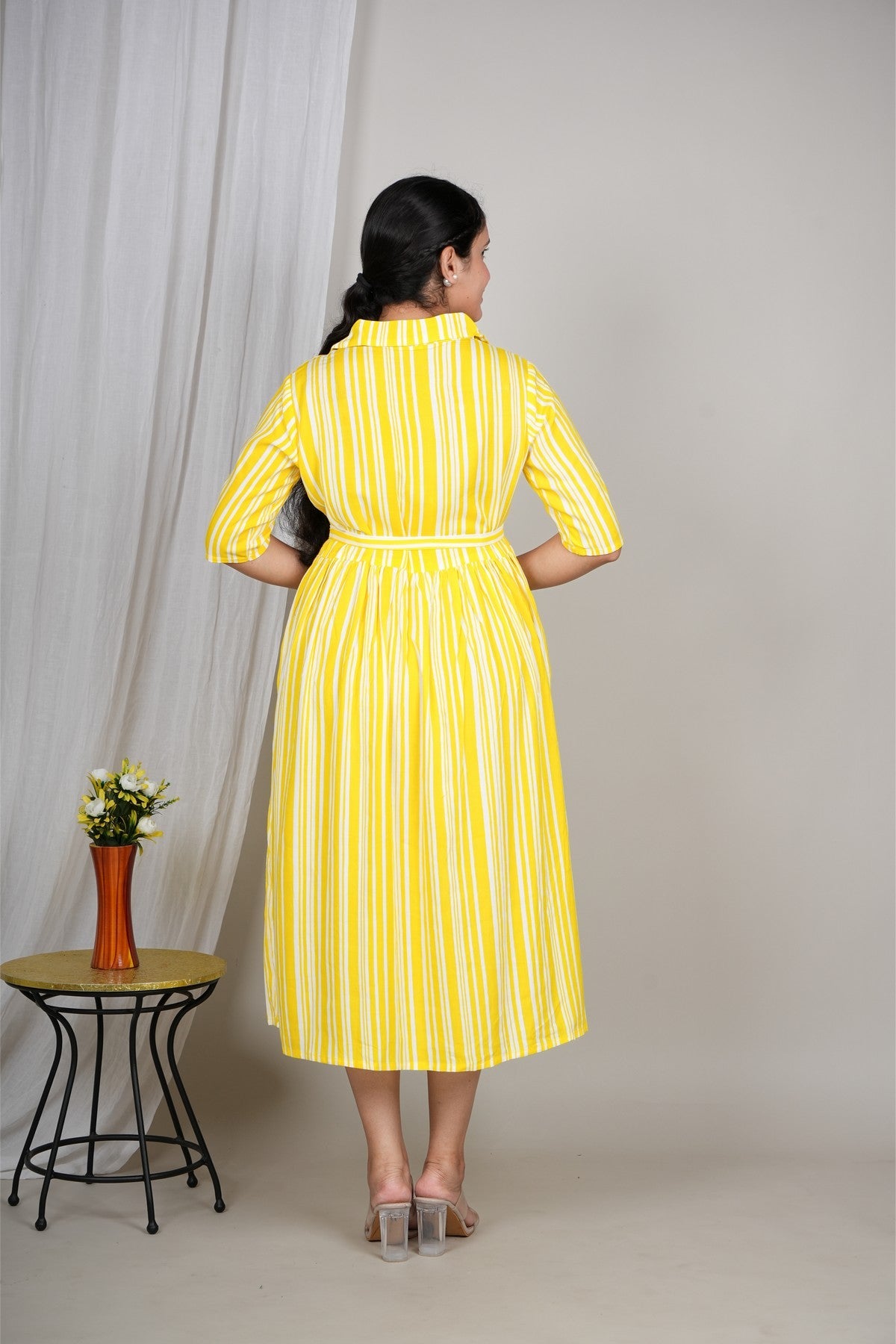 Women’s Yellow Striped Shirt Dress | Midi Flared Dress with Belt | Casual Summer Cotton Dress Akrish