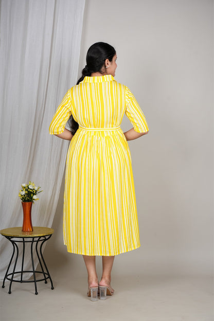 Women’s Yellow Striped Shirt Dress | Midi Flared Dress with Belt | Casual Summer Cotton Dress Akrish