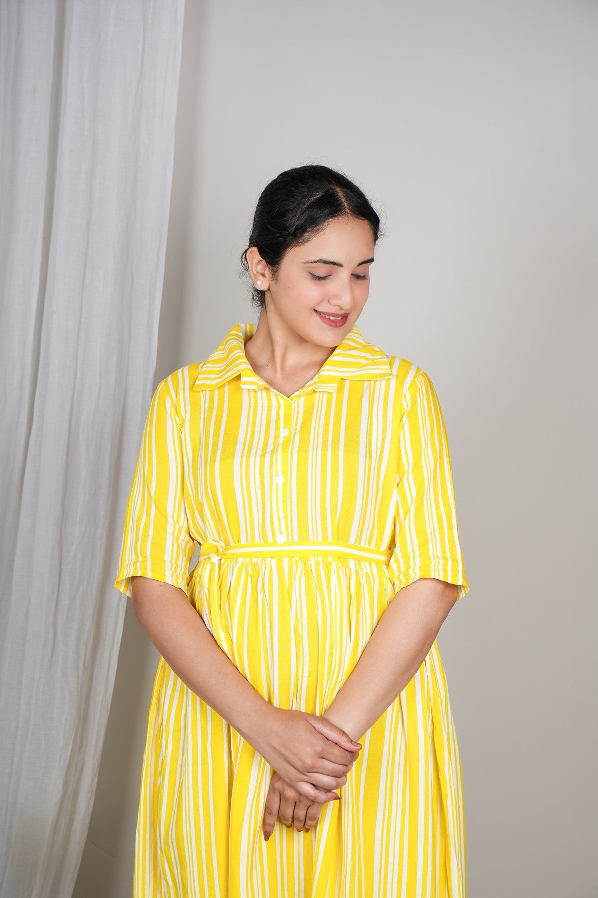 Women’s Yellow Striped Shirt Dress | Midi Flared Dress with Belt | Casual Summer Cotton Dress Akrish
