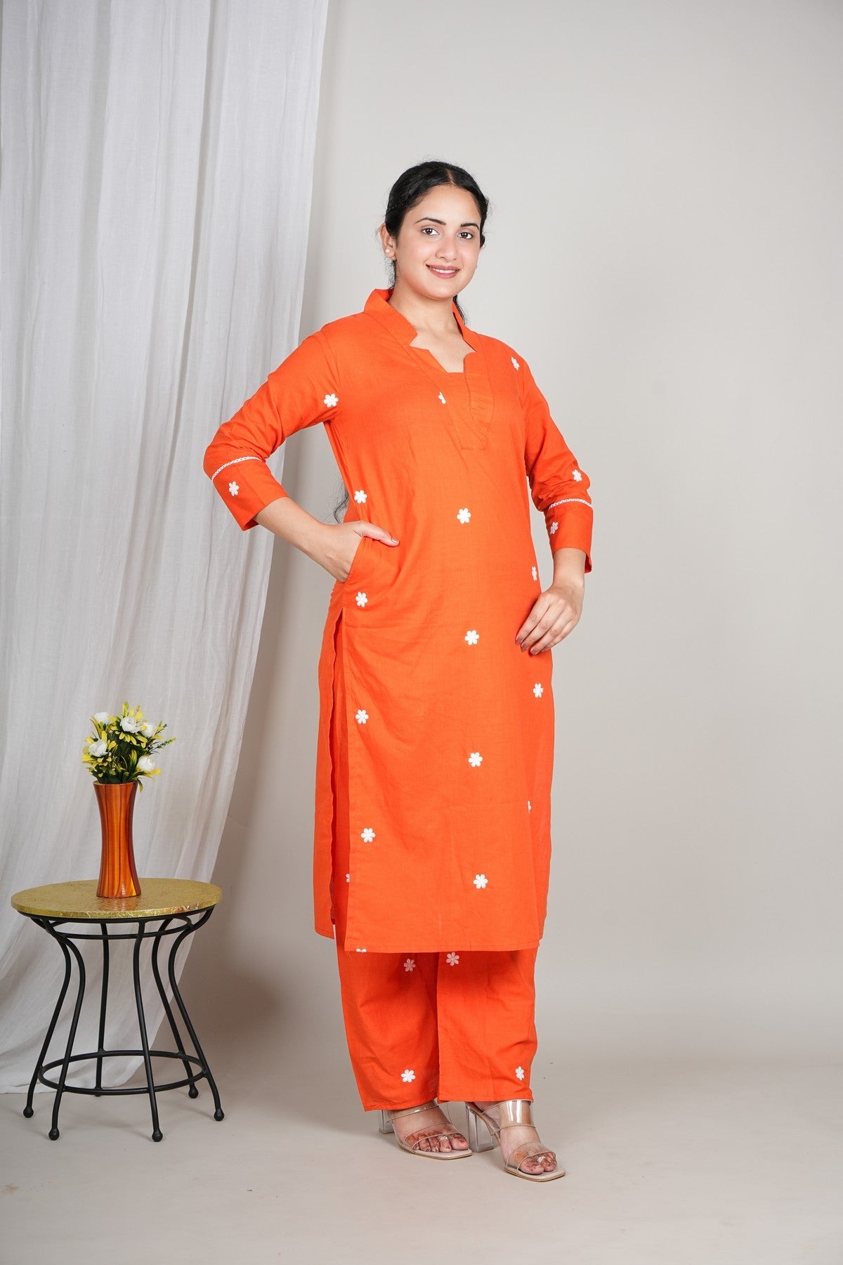 Women’s Orange Cotton Embroidered Kurta Set | Daisy Motif Straight Kurta with Matching Pants | Daily Wear Ethnic Set Akrish
