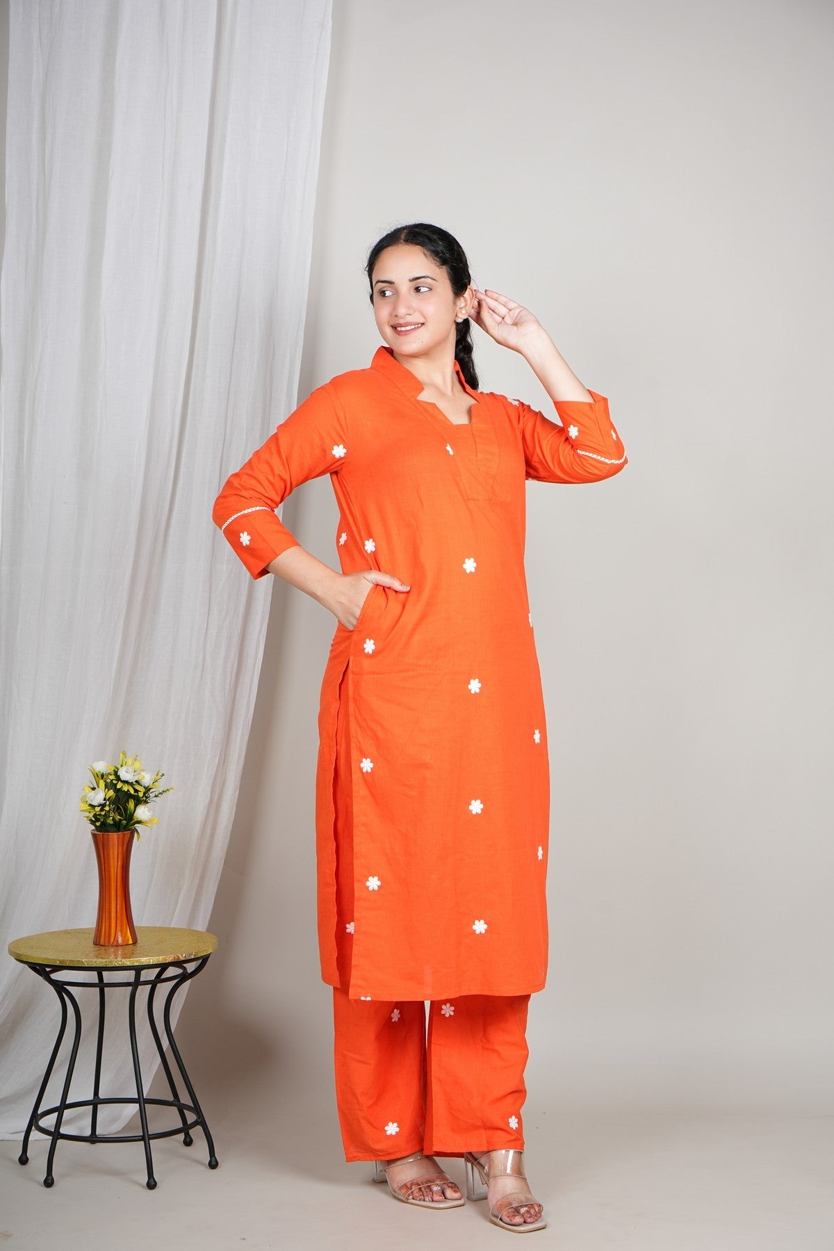 Women’s Orange Cotton Embroidered Kurta Set | Daisy Motif Straight Kurta with Matching Pants | Daily Wear Ethnic Set Akrish