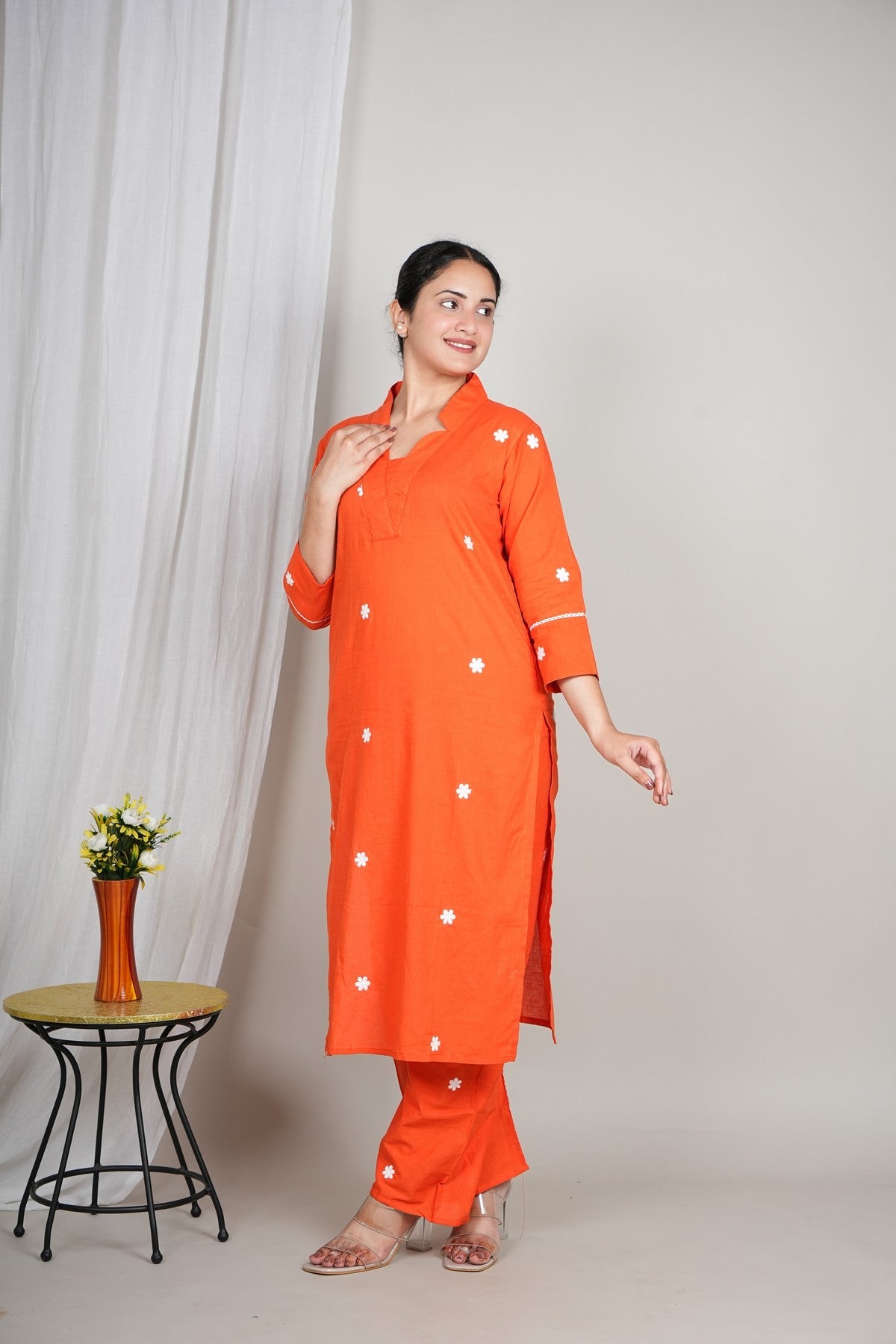 Women’s Orange Cotton Embroidered Kurta Set | Daisy Motif Straight Kurta with Matching Pants | Daily Wear Ethnic Set Akrish