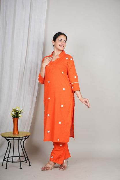 Women’s Orange Cotton Embroidered Kurta Set | Daisy Motif Straight Kurta with Matching Pants | Daily Wear Ethnic Set Akrish