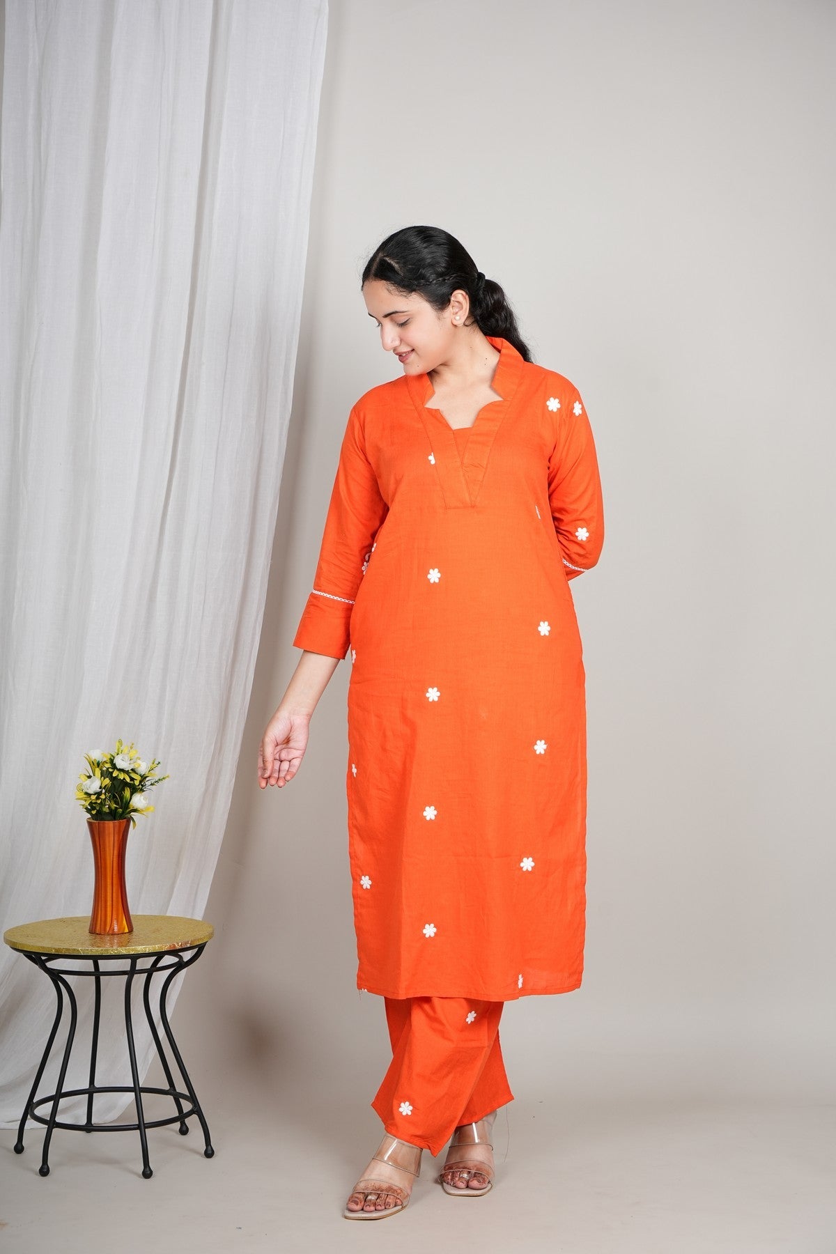 Women’s Orange Cotton Embroidered Kurta Set | Daisy Motif Straight Kurta with Matching Pants | Daily Wear Ethnic Set Akrish
