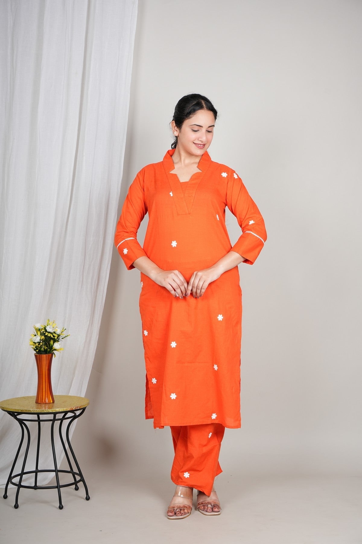 Women’s Orange Cotton Embroidered Kurta Set | Daisy Motif Straight Kurta with Matching Pants | Daily Wear Ethnic Set Akrish