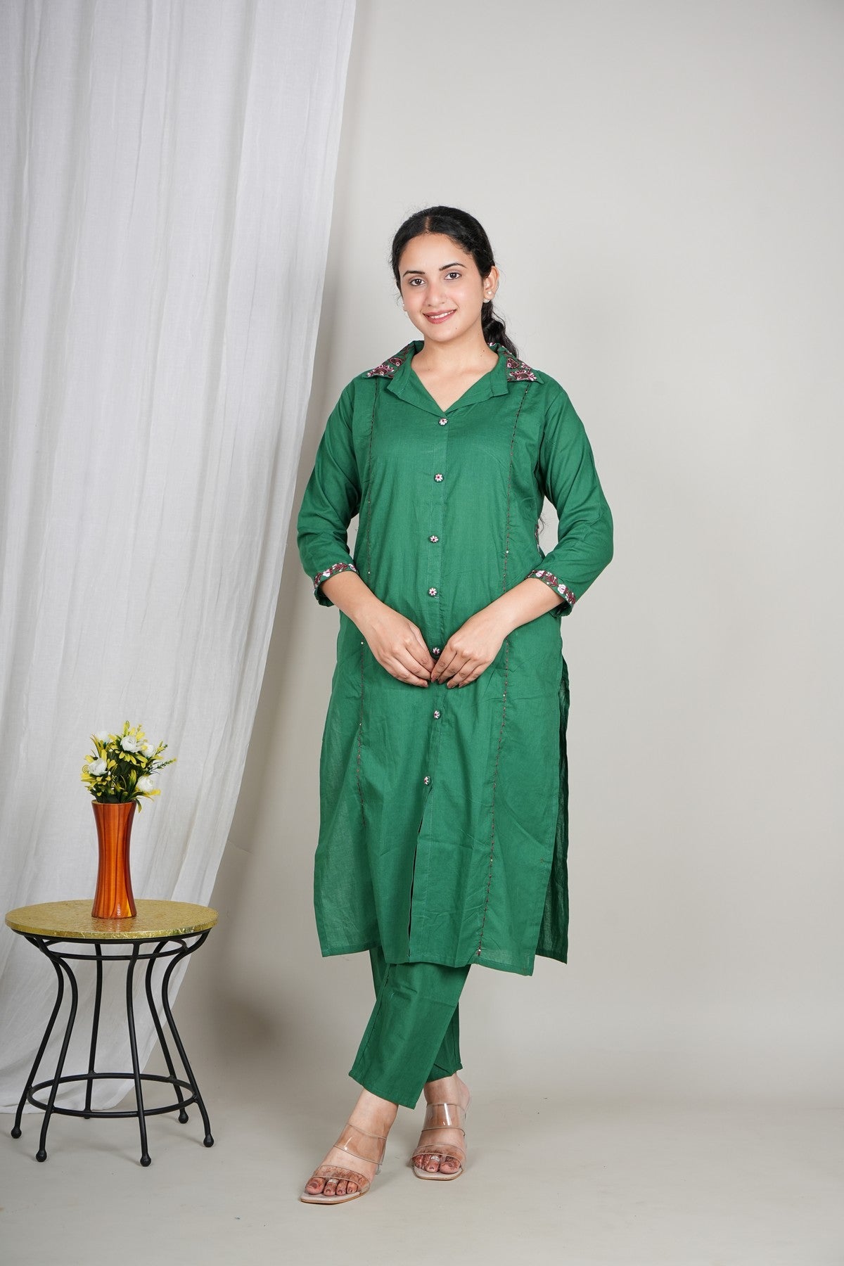 Women’s Green Cotton Kurta Set with Floral Collar | Button-Down Straight Kurta & Matching Pants | Daily Wear Ethnic Set Akrish