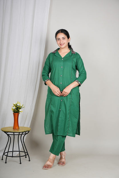 Women’s Green Cotton Kurta Set with Floral Collar | Button-Down Straight Kurta & Matching Pants | Daily Wear Ethnic Set Akrish