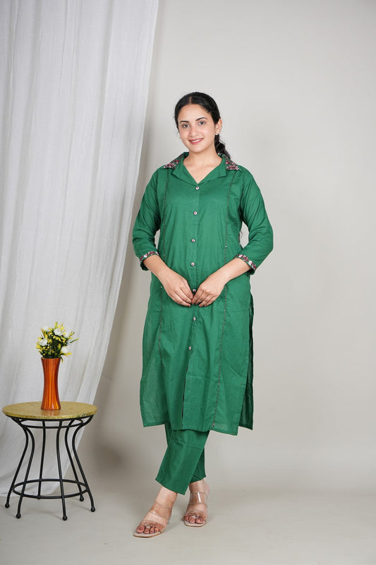 Women’s Green Cotton Kurta Set with Floral Collar | Button-Down Straight Kurta & Matching Pants | Daily Wear Ethnic Set Akrish