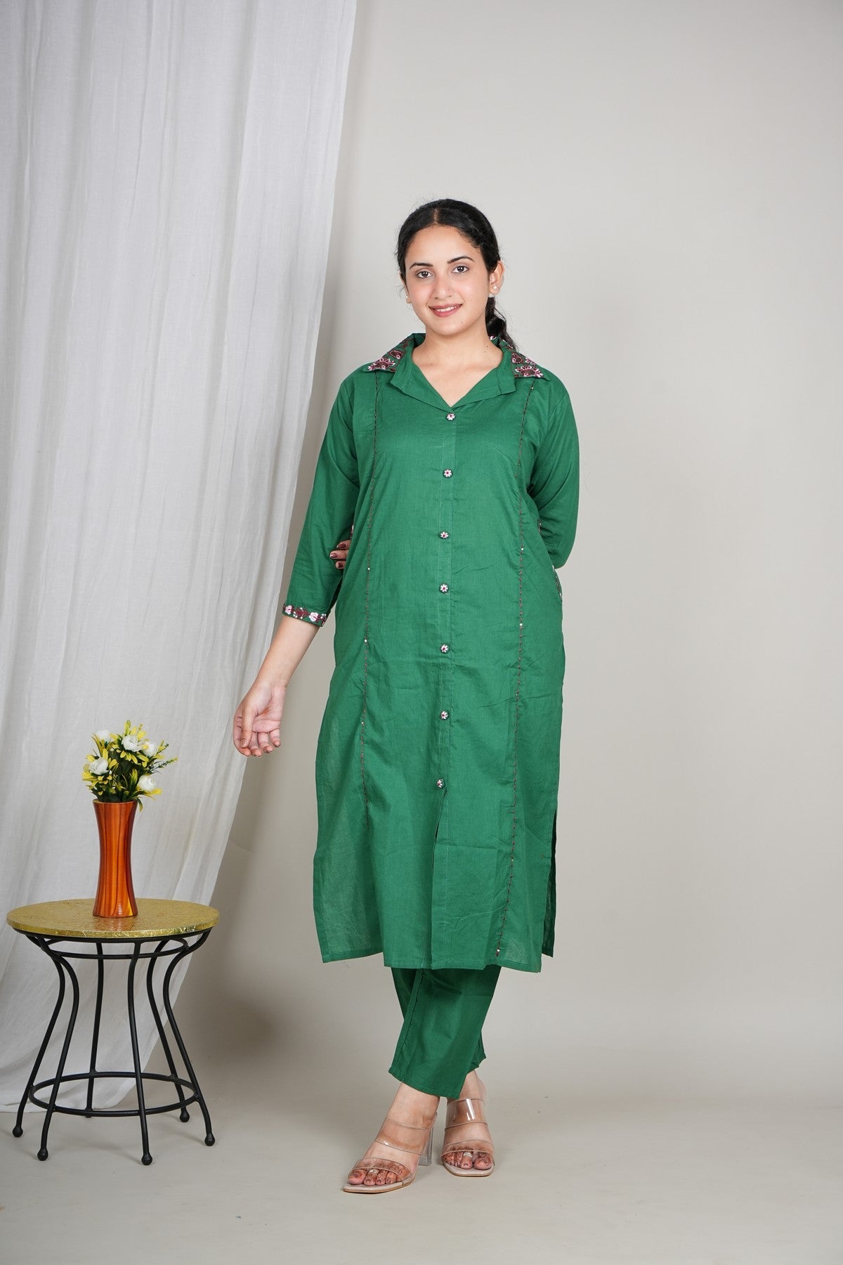 Women’s Green Cotton Kurta Set with Floral Collar | Button-Down Straight Kurta & Matching Pants | Daily Wear Ethnic Set Akrish