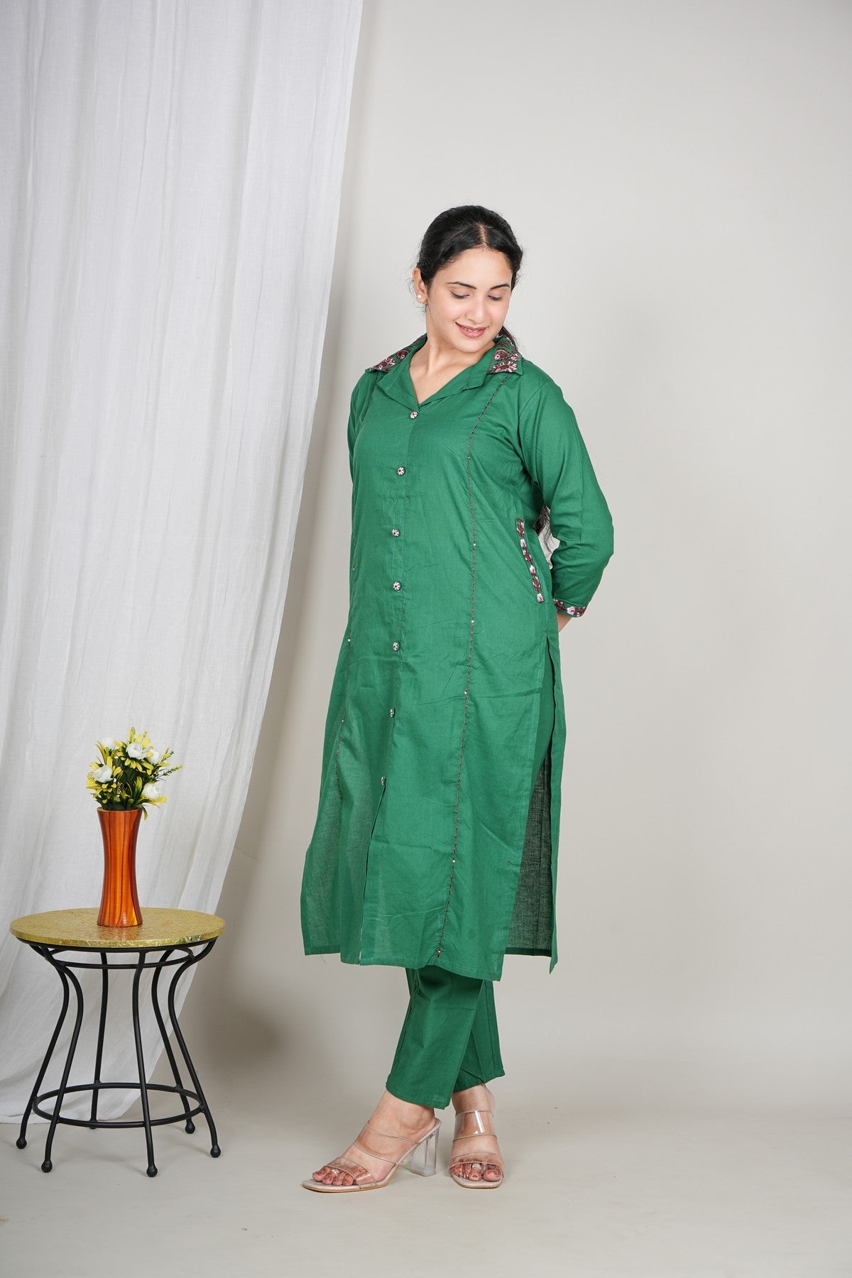 Women’s Green Cotton Kurta Set with Floral Collar | Button-Down Straight Kurta & Matching Pants | Daily Wear Ethnic Set Akrish
