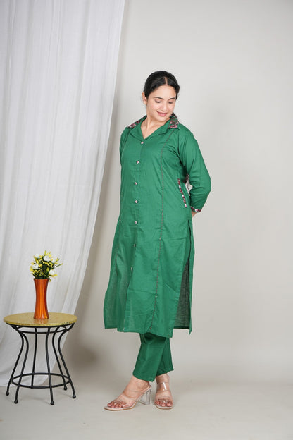 Women’s Green Cotton Kurta Set with Floral Collar | Button-Down Straight Kurta & Matching Pants | Daily Wear Ethnic Set Akrish