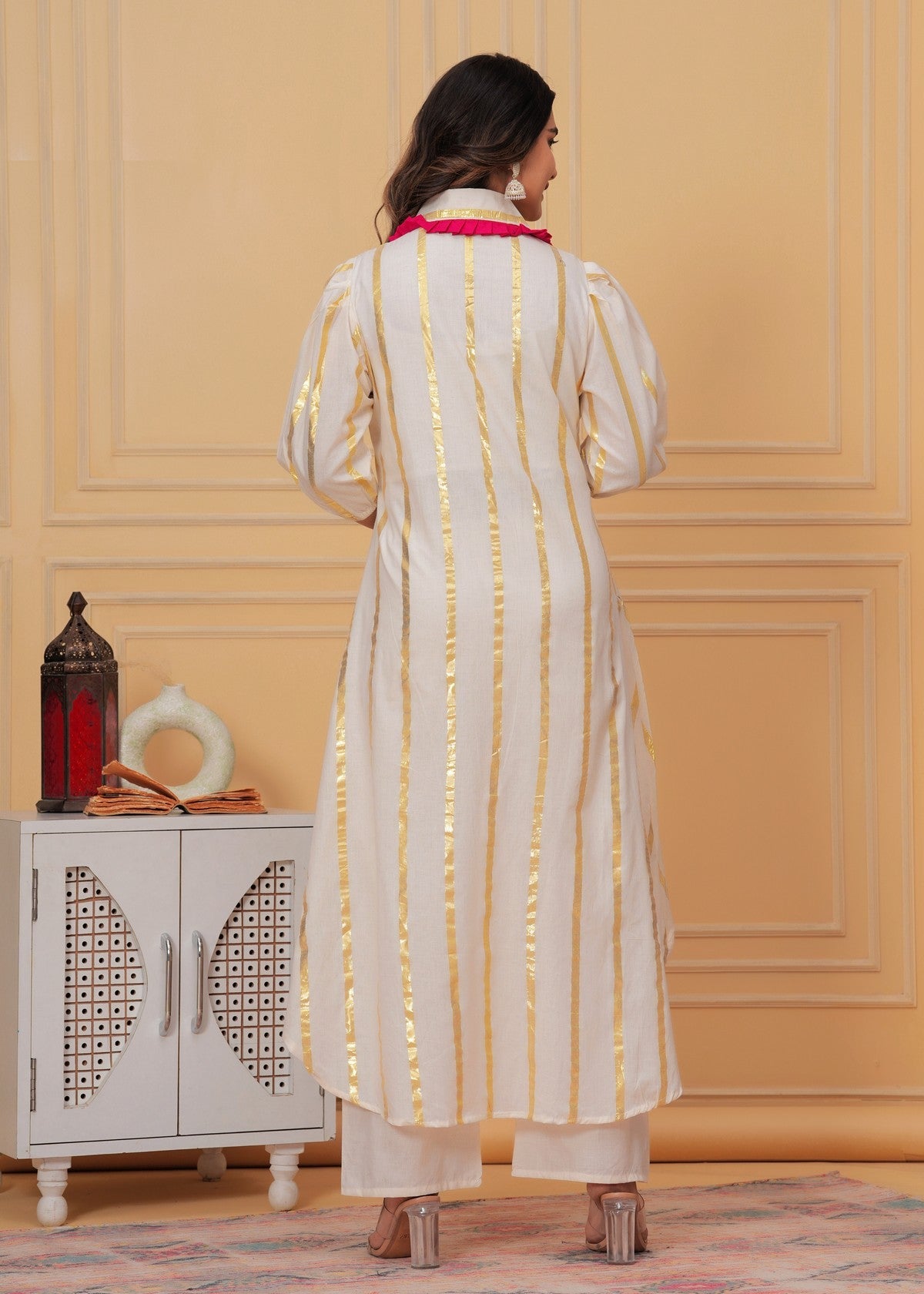 Women’s White & Gold Foil Striped Co-ord Set Akrish