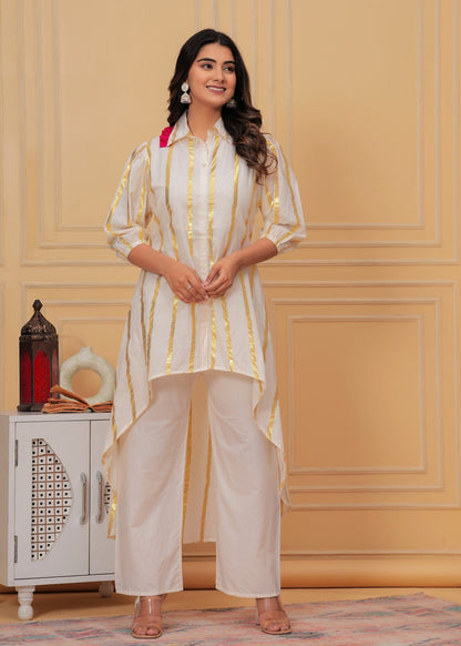 Women’s White & Gold Foil Striped Co-ord Set Akrish