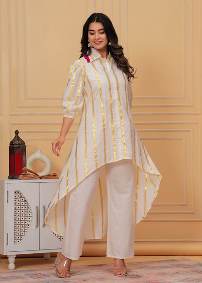 Women’s White & Gold Foil Striped Co-ord Set Akrish