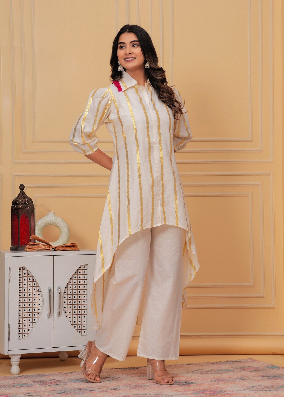 Women’s White & Gold Foil Striped Co-ord Set Akrish