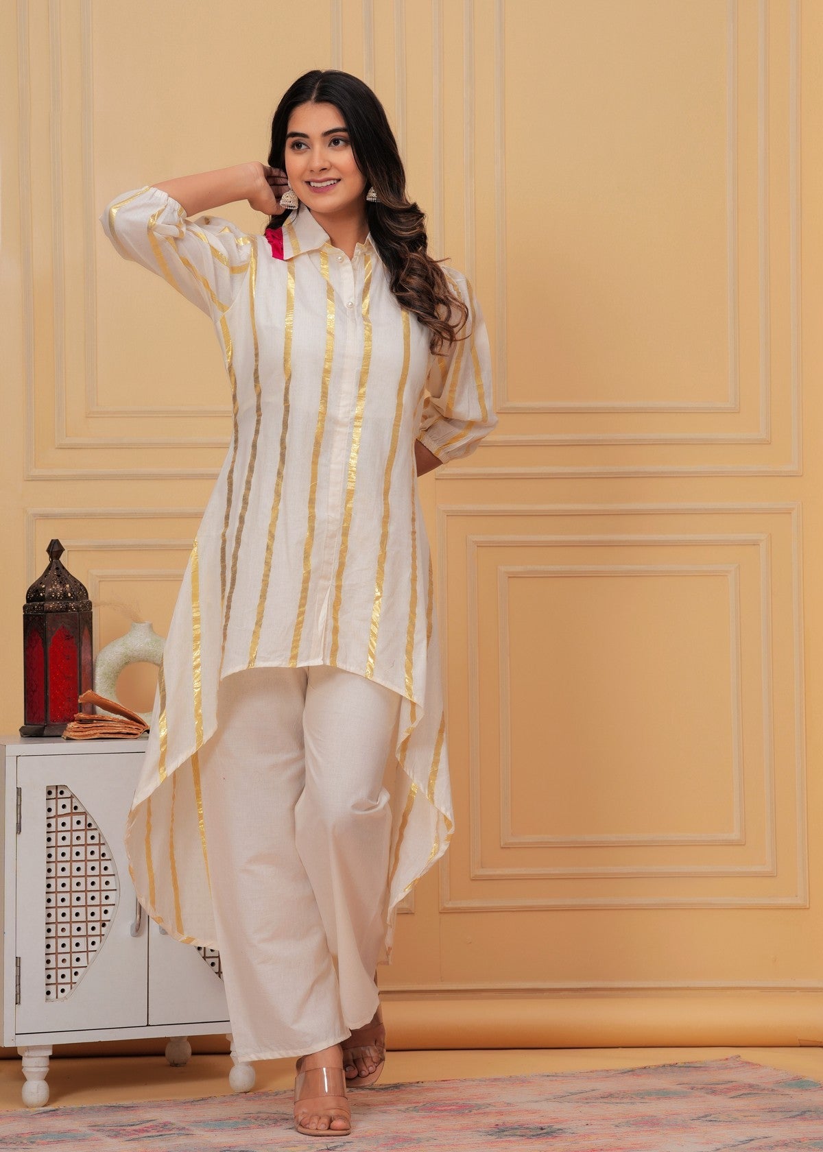 Women’s White & Gold Foil Striped Co-ord Set Akrish