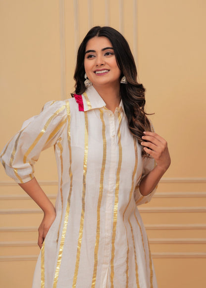 Women’s White & Gold Foil Striped Co-ord Set Akrish