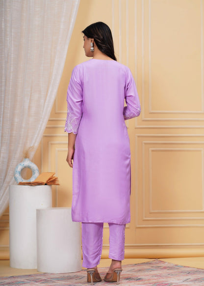 Women's Lavender Embroidered Kurti Set with Pant & Dupatta Akrish