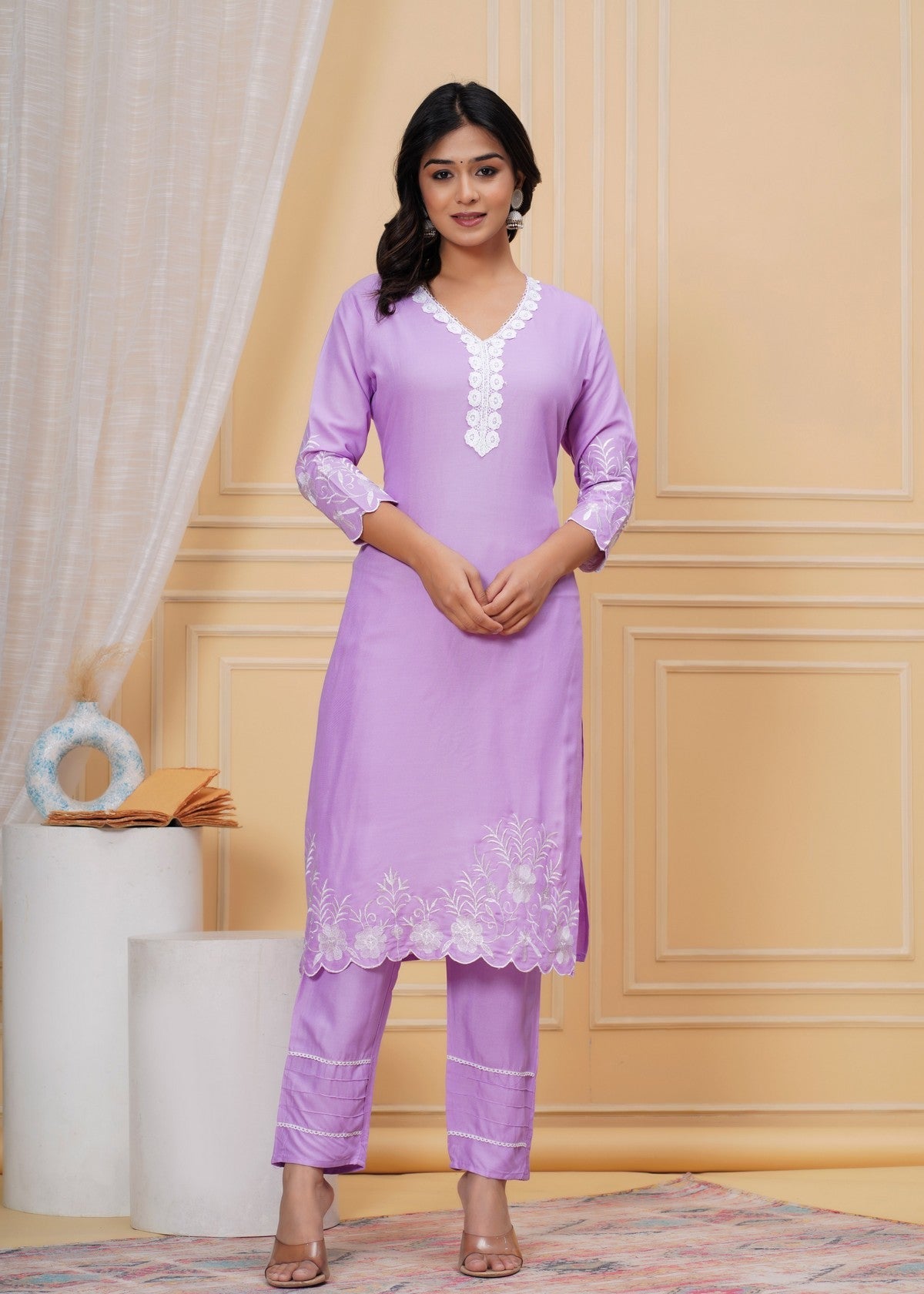Women's Lavender Embroidered Kurti Set with Pant & Dupatta Akrish