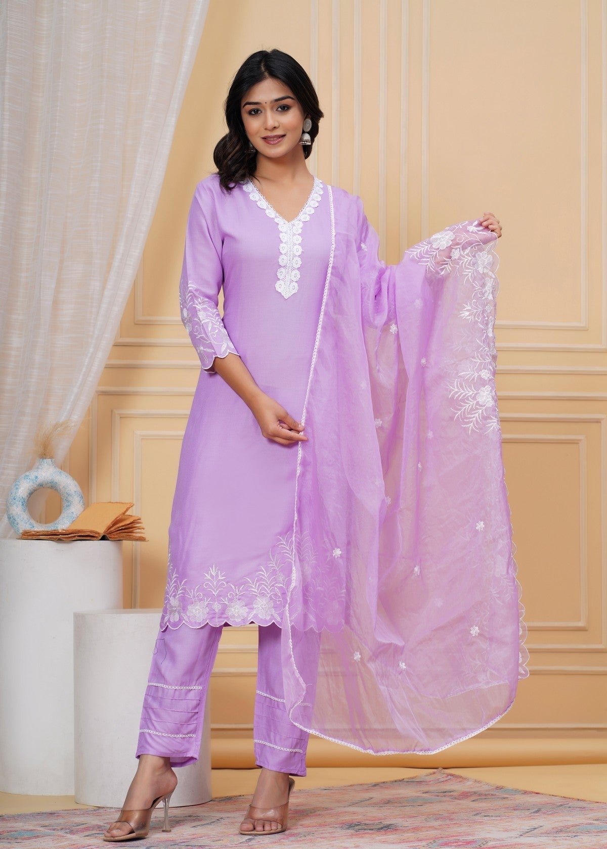 Women's Lavender Embroidered Kurti Set with Pant & Dupatta Akrish