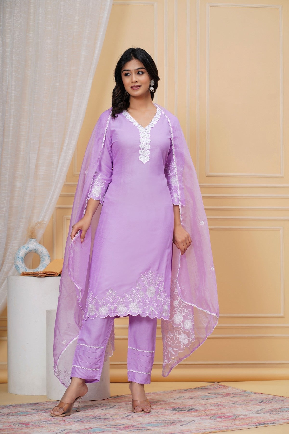 Women's Lavender Embroidered Kurti Set with Pant & Dupatta Akrish