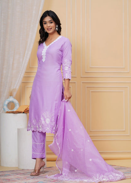 Women's Lavender Embroidered Kurti Set with Pant & Dupatta Akrish