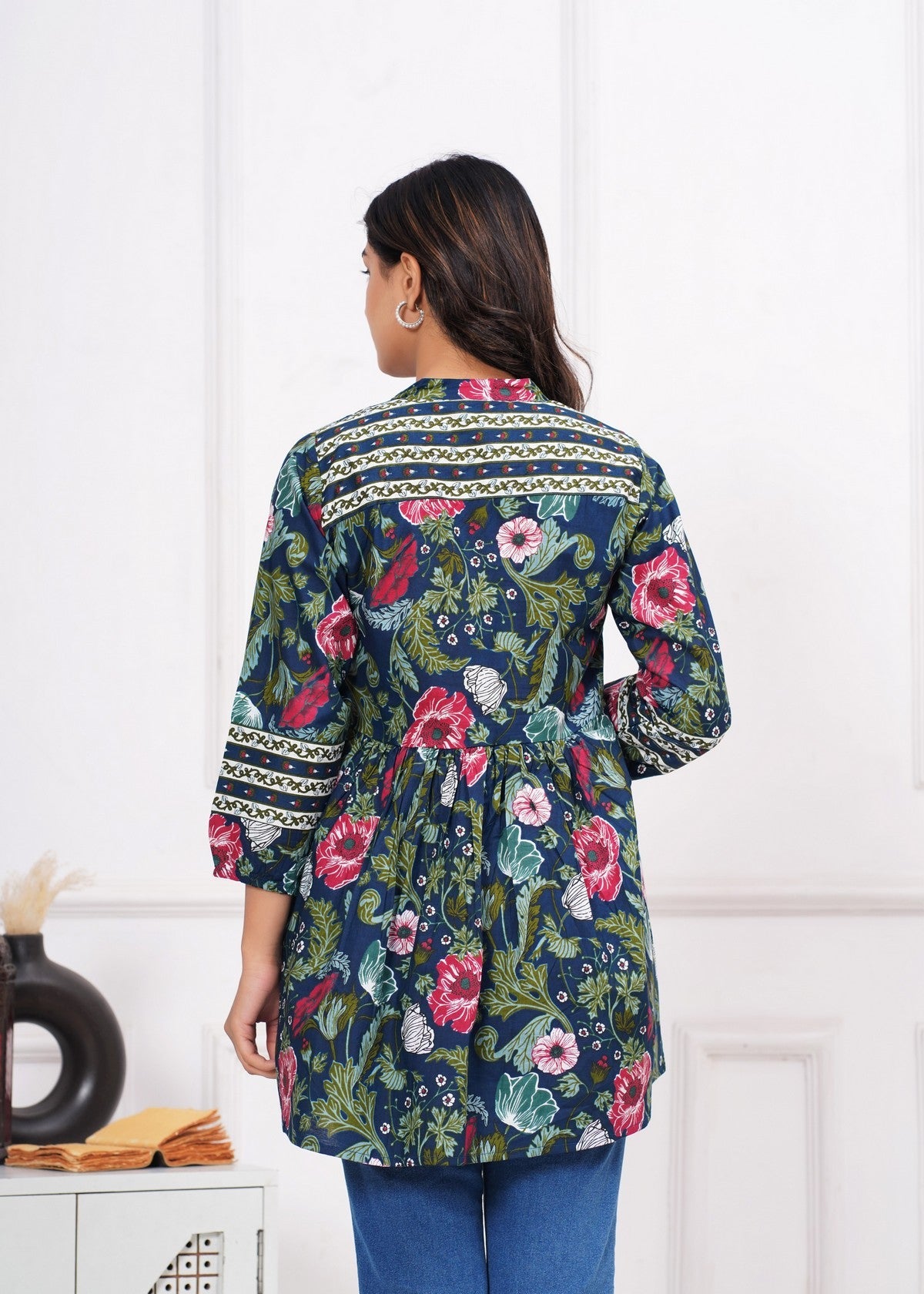 Navy Blue Floral Printed Peplum Top for Women | A-Line Ethnic Fusion Kurti Top with Contrast Detailing & Flared Silhouette Akrish