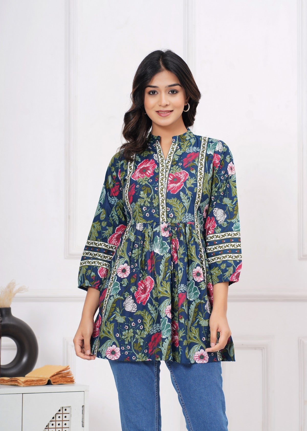 Navy Blue Floral Printed Peplum Top for Women | A-Line Ethnic Fusion Kurti Top with Contrast Detailing & Flared Silhouette Akrish