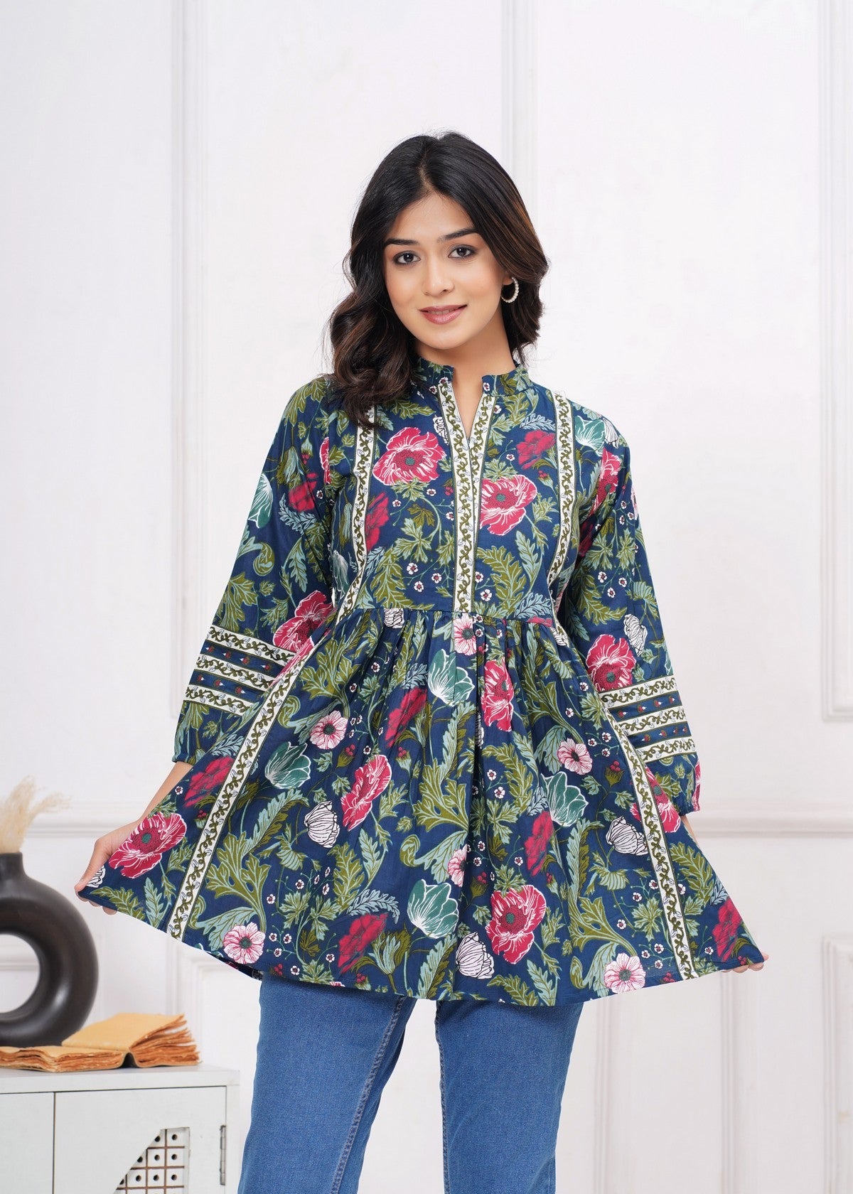 Navy Blue Floral Printed Peplum Top for Women | A-Line Ethnic Fusion Kurti Top with Contrast Detailing & Flared Silhouette Akrish