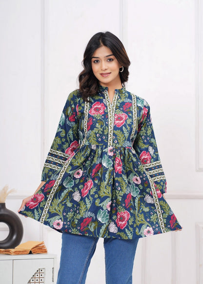 Navy Blue Floral Printed Peplum Top for Women | A-Line Ethnic Fusion Kurti Top with Contrast Detailing & Flared Silhouette Akrish