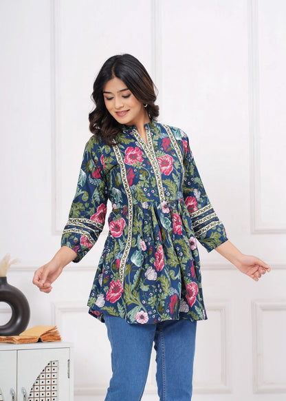 Navy Blue Floral Printed Peplum Top for Women | A-Line Ethnic Fusion Kurti Top with Contrast Detailing & Flared Silhouette Akrish